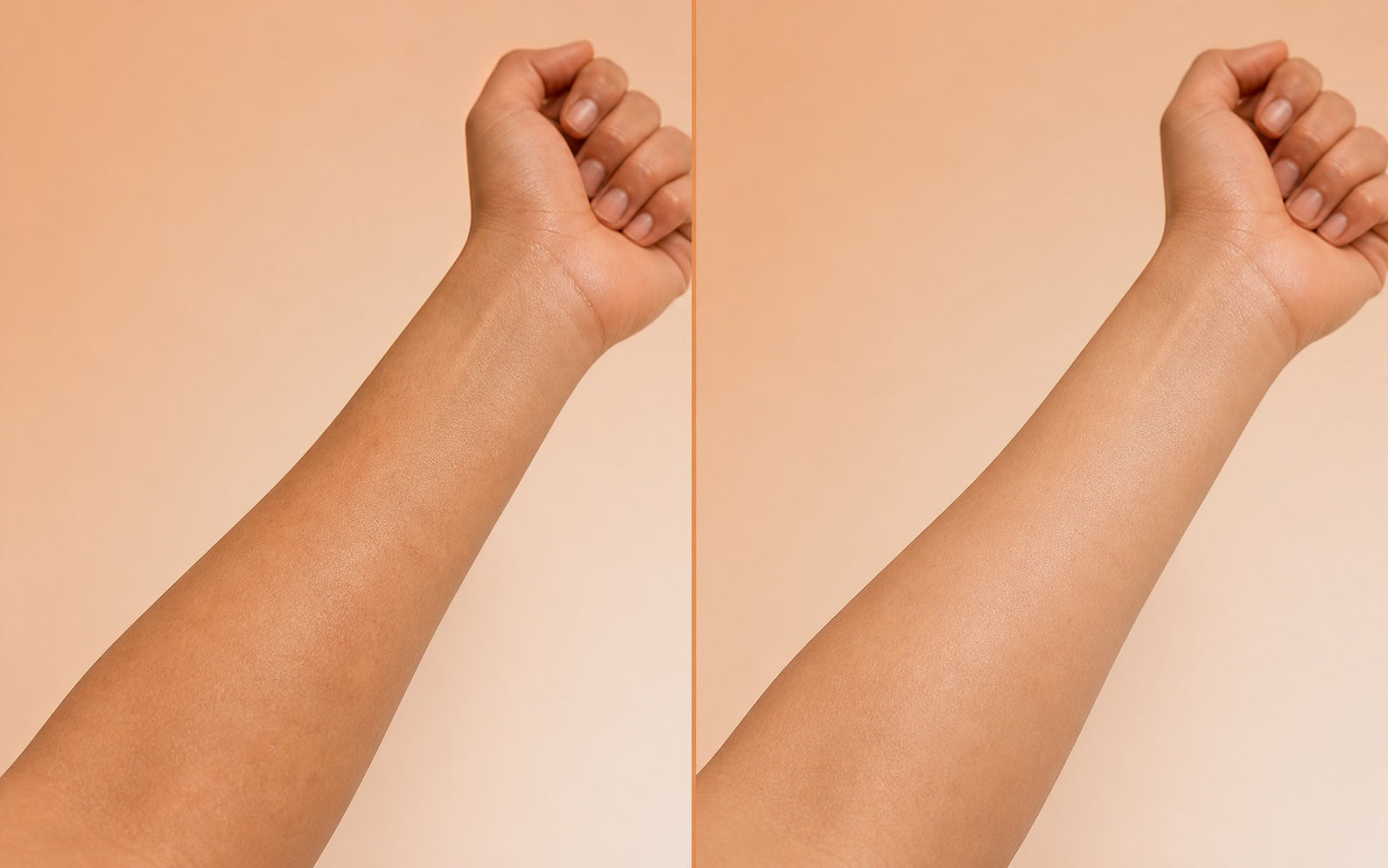 Forearm before and after a 20-minute tan polish session